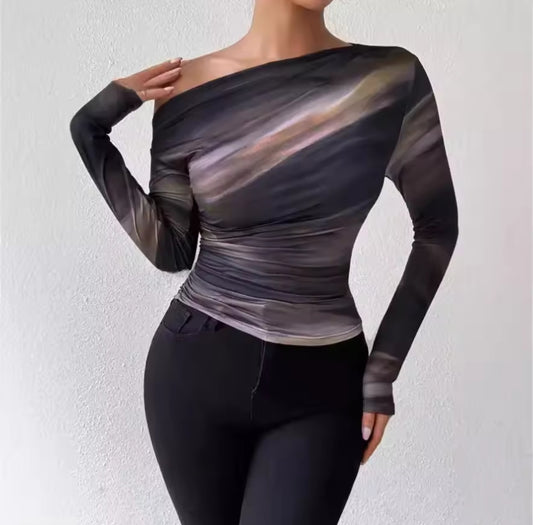 Off-Shoulder Mesh Slim Top