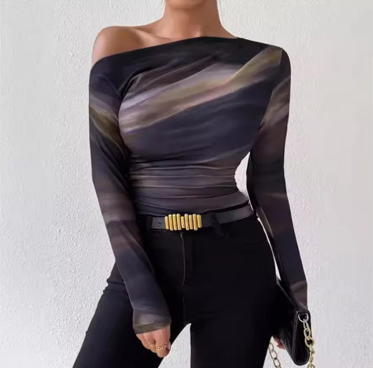 Off-Shoulder Mesh Slim Top