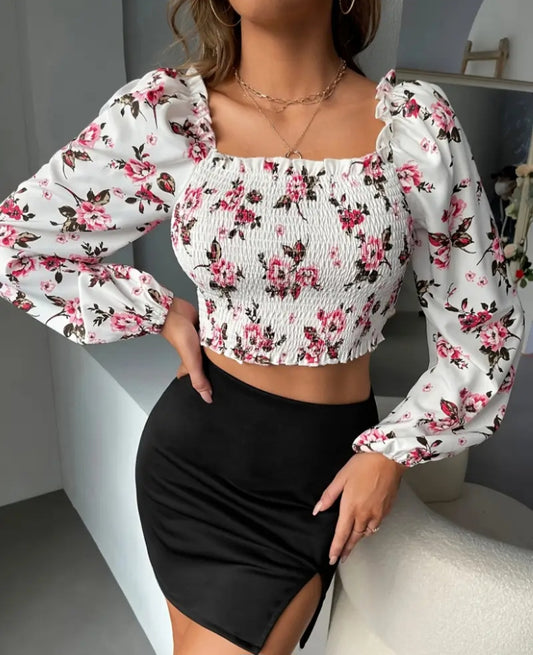 Floral Shirred Long Sleeve Crop Top