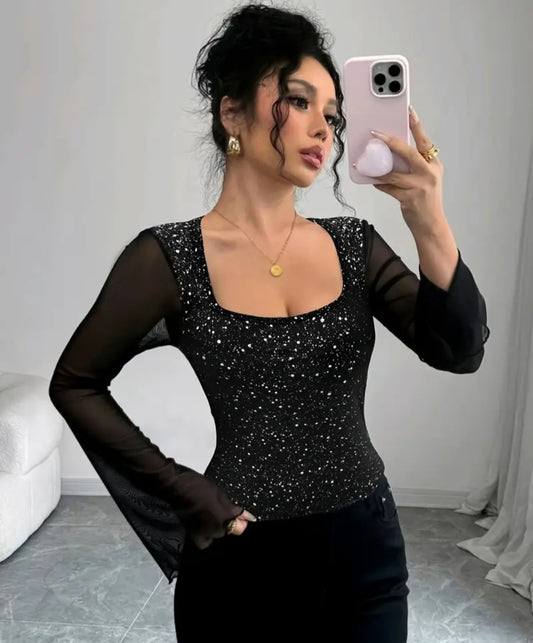 Glitter Bodycon Long Sleeve Top