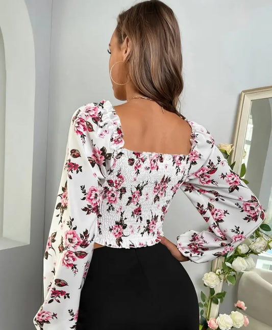 Floral Shirred Long Sleeve Crop Top